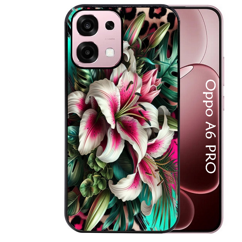 Coque noire taperso pour OPPO A6 PRO 4G et 5G avec motif leopard hibiscus protection antichoc personnalisée