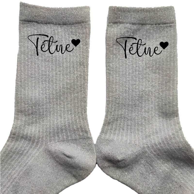 Chaussettes paillettes argent motif tëtue