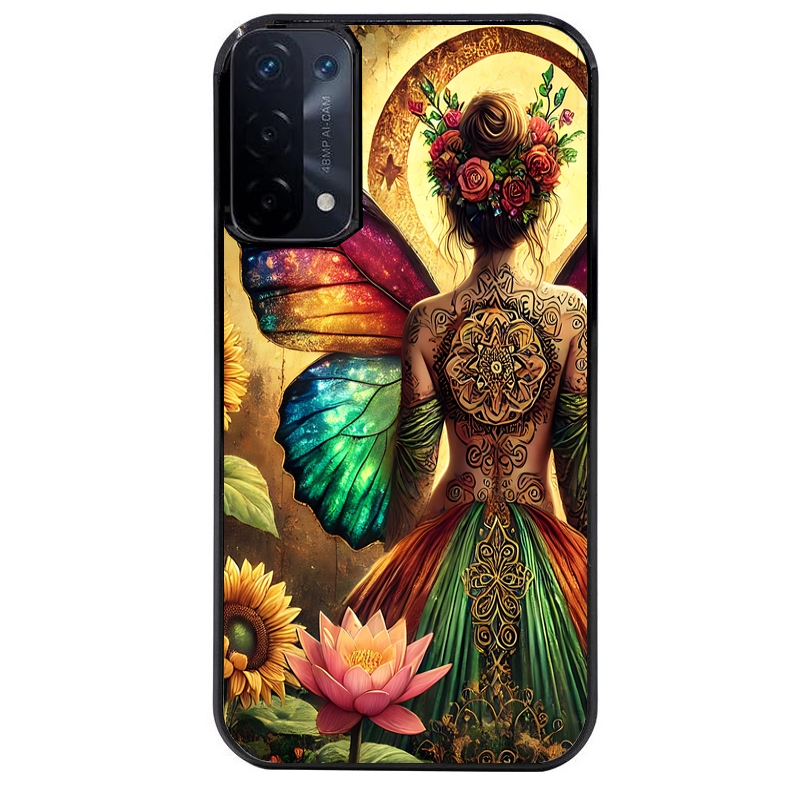 Coque noire taperso pour OPPO A54 et A74 5G avec motif fee et fleurs protection antichoc personnalisée
