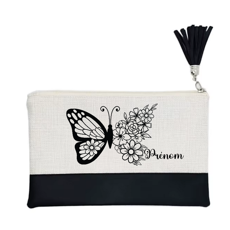 Pochette personnalisée motif papillon black en toile et simili cuir personnalisée