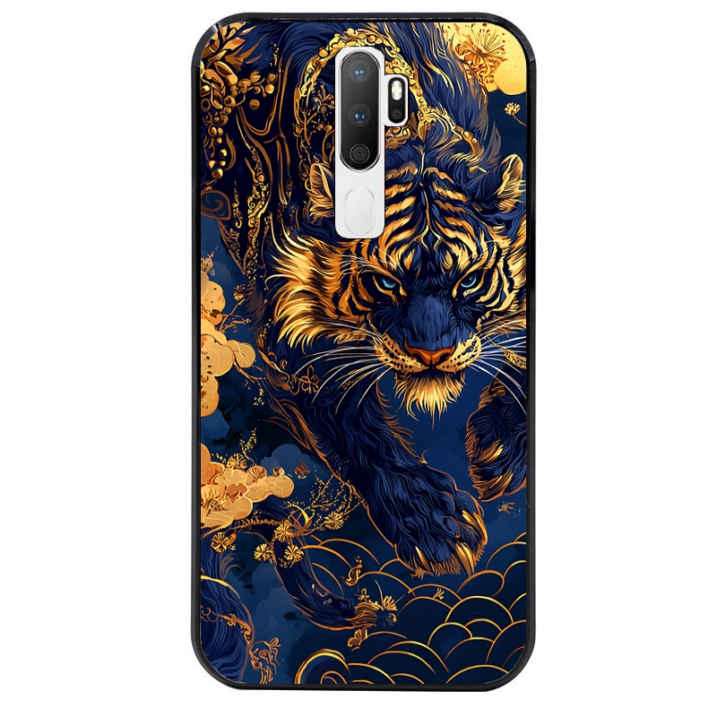 Coque noire taperso pour OPPO A5 A9 2020 avec motif tigre et fleur protection antichoc personnalisée