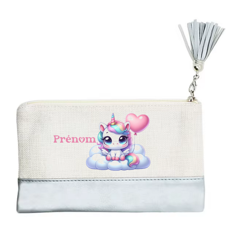 Pochette personnalisée motif licorne nuage en toile et simili cuir personnalisée