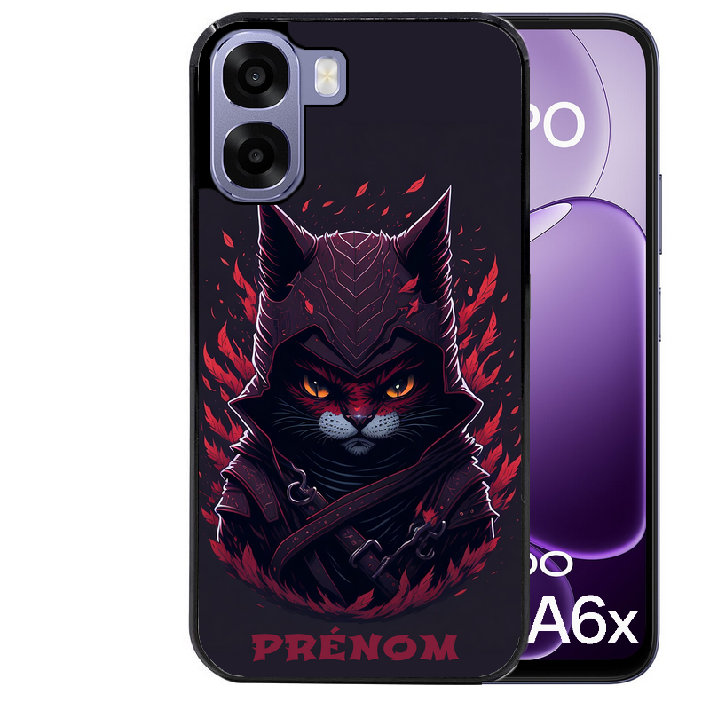 Coque noire taperso pour OPPO A6 A6X 4G et 5G avec motif chat samourai personnalise protection antichoc personnalisée