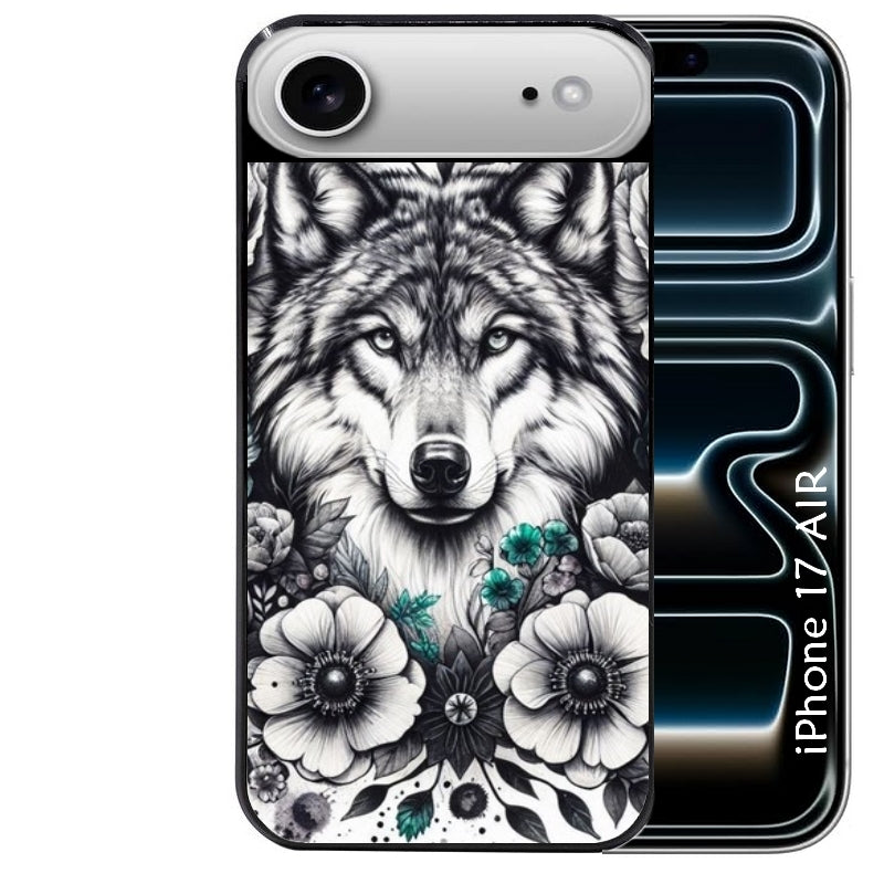 Coque noire taperso pour Iphone 17 17E AIR MAX PRO avec motif loup et fleur protection antichoc personnalisée