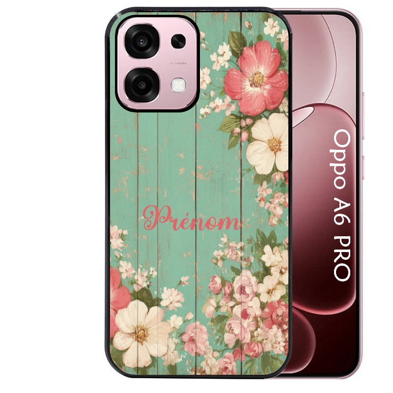 Coque noire taperso pour OPPO A6 PRO 4G et 5G avec motif bois et fleur avec votre prenom protection antichoc personnalisée