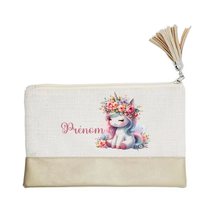 Pochette personnalisée motif licorne fleur en toile et simili cuir personnalisée