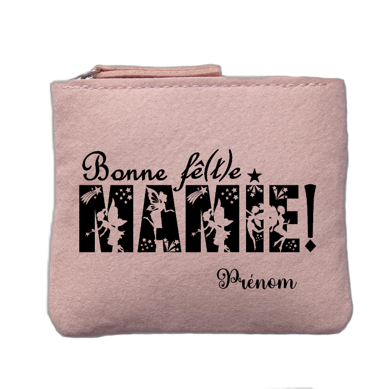 Porte monnaie personnalisé motif mamie bonne fete rose clair en feutrine en feutrine