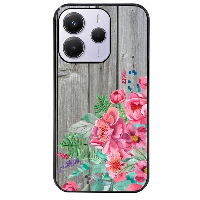 Coque noire taperso pour Redmi Note 14 et PRO PLUS 4G 5G avec motif bois gris et fleur rose protection antichoc personnalisée