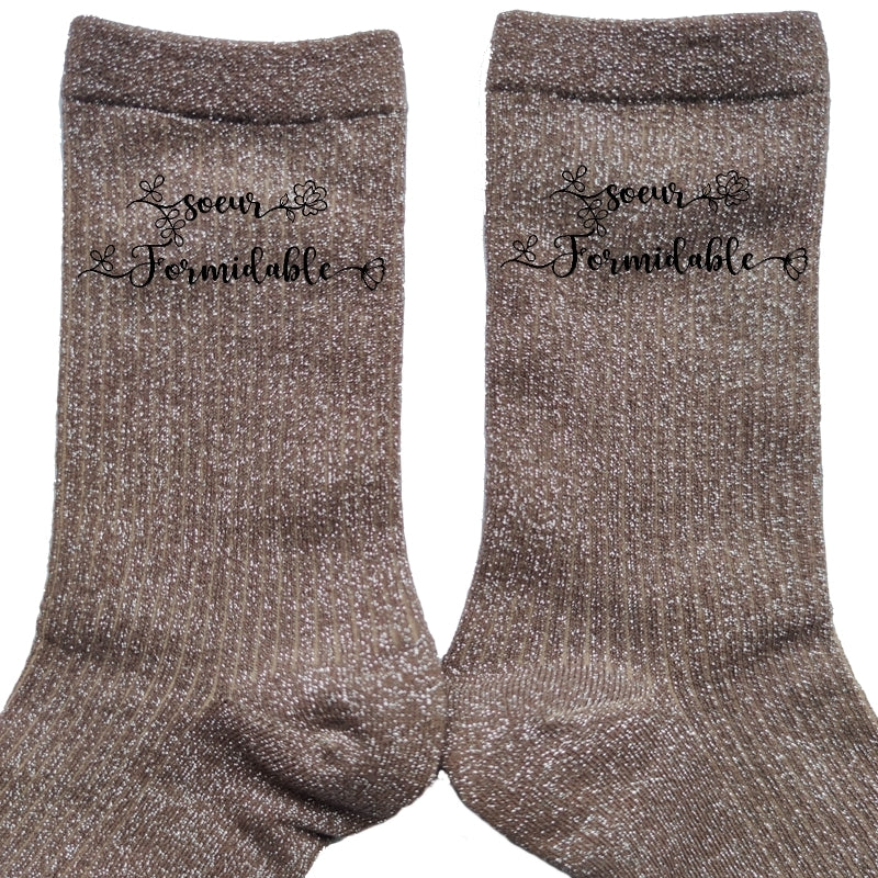 Chaussettes personnalisée paillettes bronze motif soeur formidable