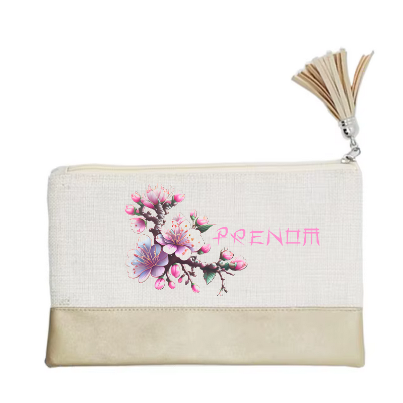 Pochette personnalisée motif fleur sakura en toile et simili cuir personnalisée