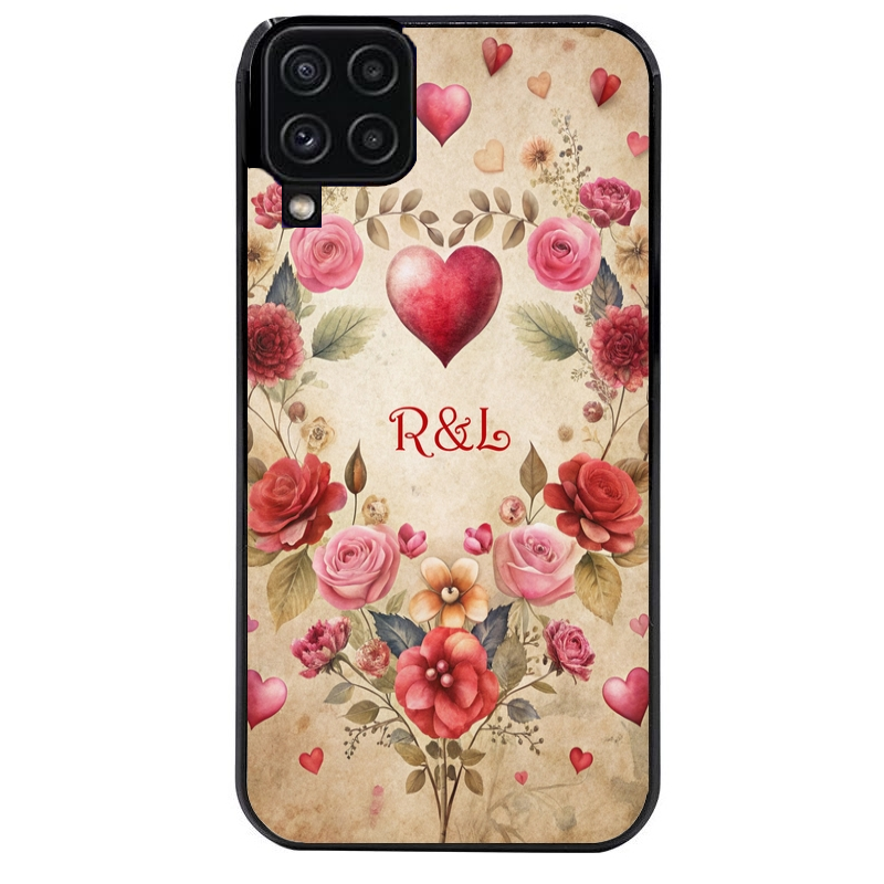 Coque noire taperso pour galaxy A22 A32 A52 A52S 4G 5G  avec motif coeur vintage et initiales personnalisee protection antichoc personnalisée