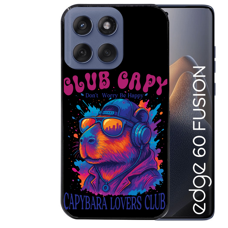 Coque noire taperso pour Moto Edge 60 et Neo Fusion Pro avec motif capybara club protection antichoc personnalisée