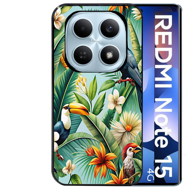 Coque noire taperso pour Redmi Note 15 et PRO PLUS 4G 5G avec motif perroquet tropical protection antichoc personnalisée