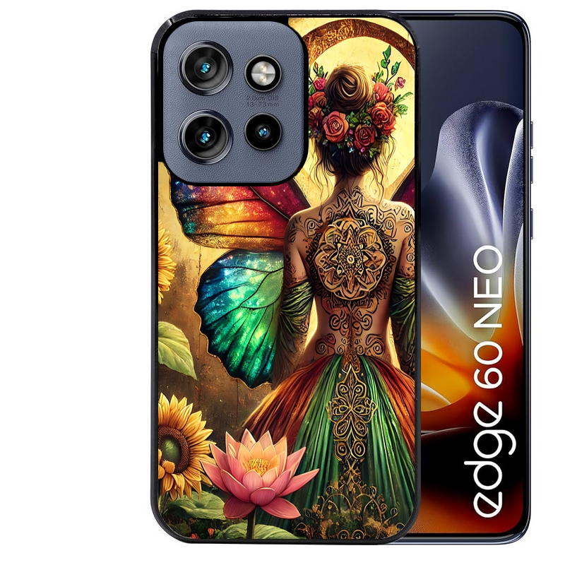 Coque noire taperso pour Moto Edge 60 et Neo Fusion Pro avec motif fee et fleurs protection antichoc personnalisée