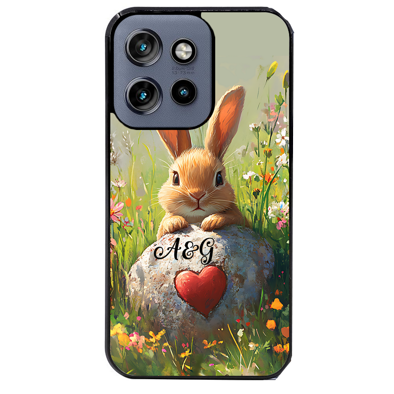 Coque noire taperso pour Moto Edge 60 et Neo Fusion Pro avec motif lapin et fleurs personnalisee protection antichoc personnalisée