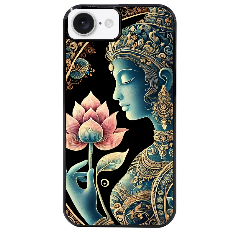Coque noire taperso pour Iphone 16 16E PLUS MAX PRO avec motif bouddha et lotus protection antichoc personnalisée