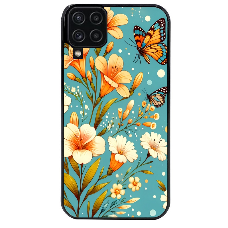Coque noire taperso pour galaxy A22 A32 A52 A52S 4G 5G  avec motif fleur orange protection antichoc personnalisée