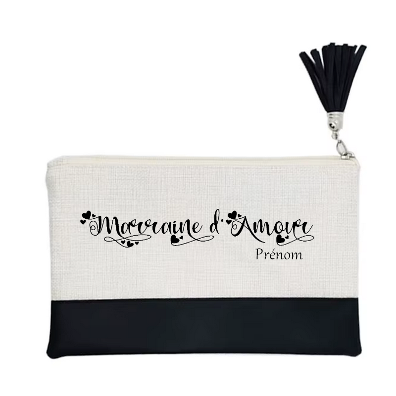 Pochette personnalisée motif marraine d'amour en toile et simili cuir personnalisée