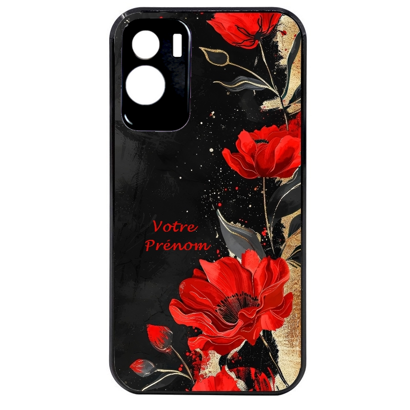 Coque noire taperso pour Honor 70 LITE 90 et LITE avec motif fleur rouge avec prenom protection antichoc personnalisée