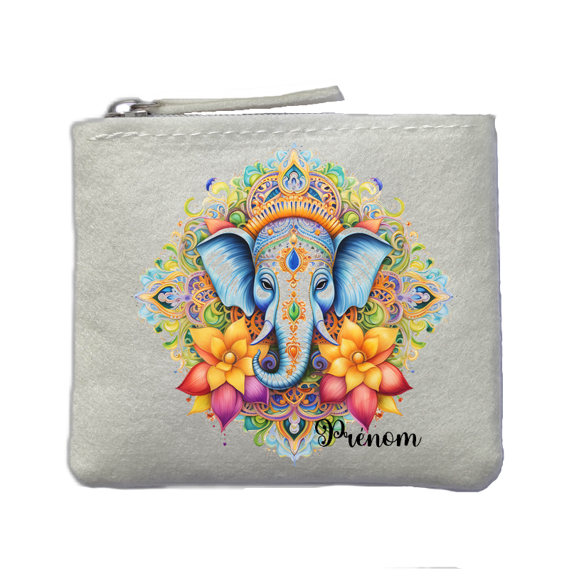 Porte monnaie personnalisé elephant namaste ivoire en feutrine en feutrine ivoire