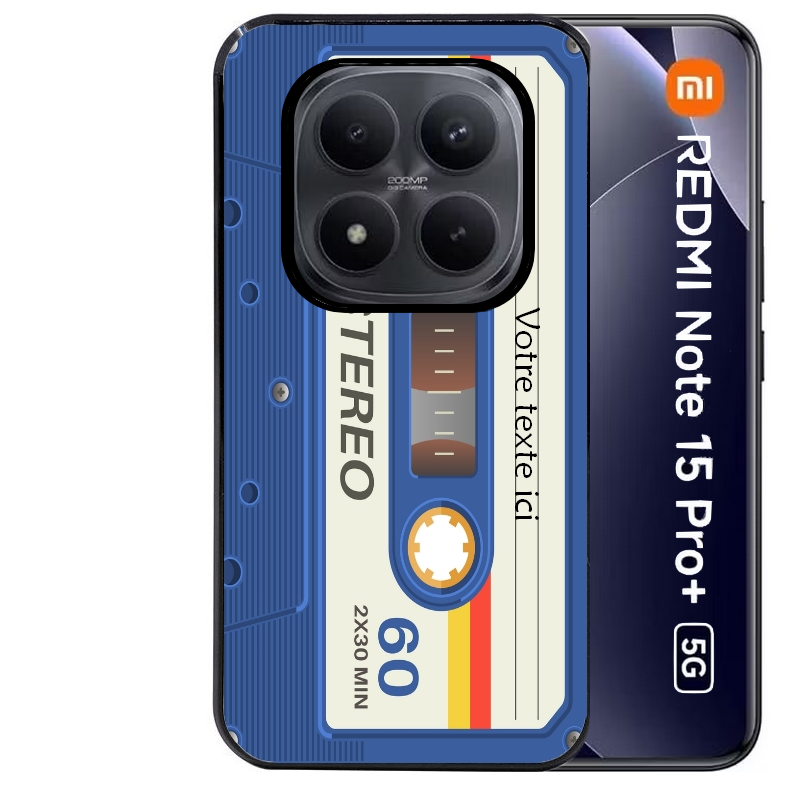 Coque noire taperso pour Redmi Note 15 et PRO PLUS 4G 5G personnalisable avec motif cassette bleu protection antichoc personnalisée