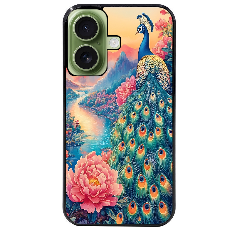 Coque noire taperso pour Iphone 16 16E PLUS MAX PRO avec motif paon japan protection antichoc personnalisée