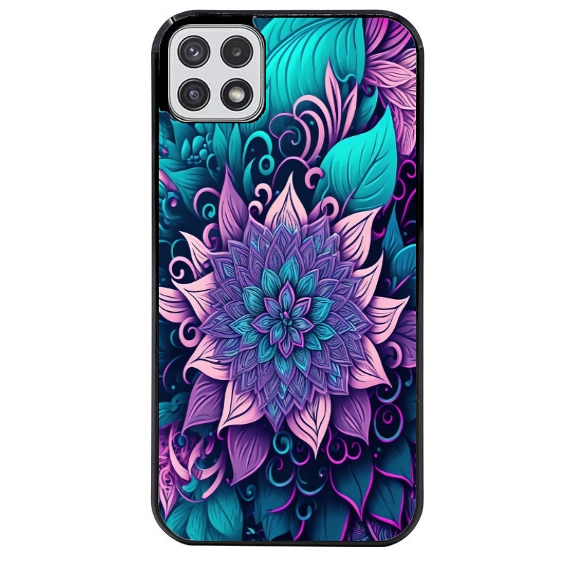 Coque noire taperso pour galaxy A22 A32 A52 A52S 4G 5G  avec motif tropical mandala et fleur violet protection antichoc personnalisée