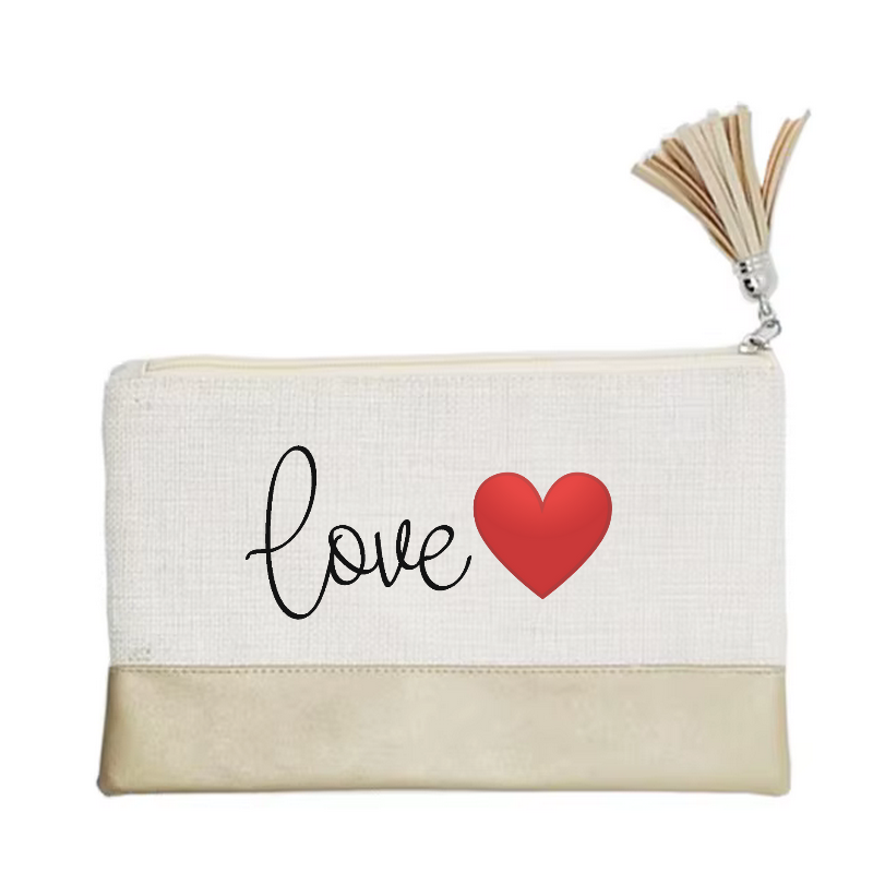 Pochette motif love et cœur en toile et simili cuir