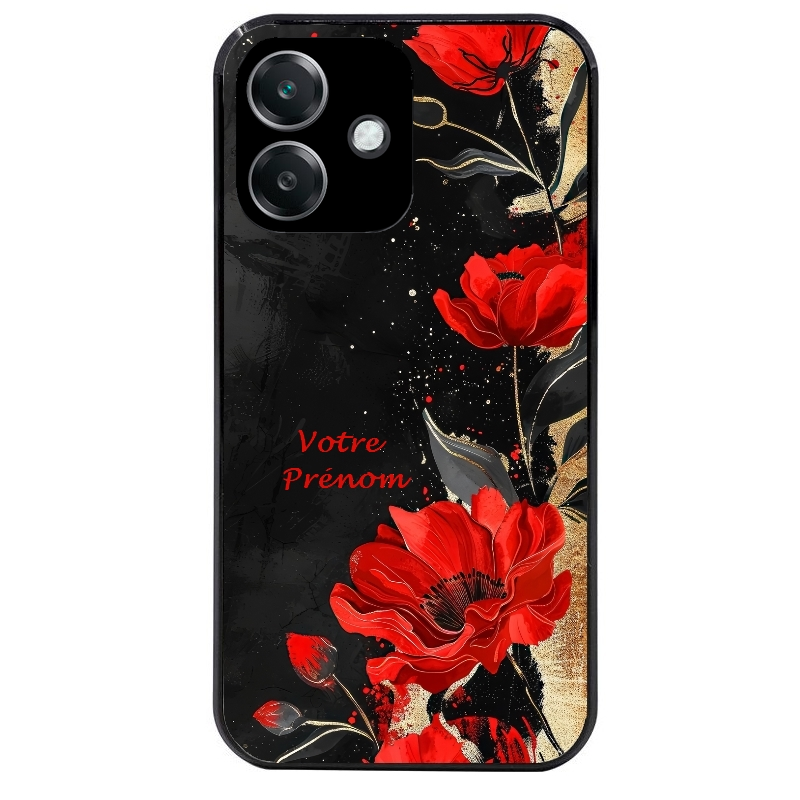 Coque noire taperso pour OPPO A40 avec motif fleur rouge avec prenom protection antichoc personnalisée