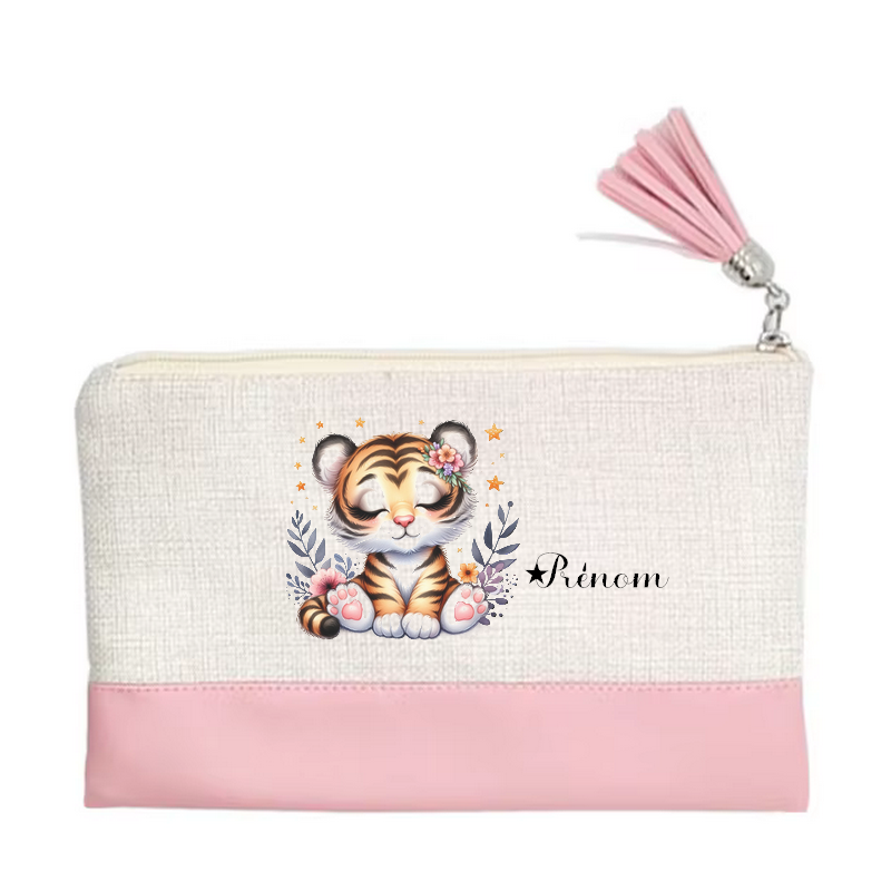 Pochette personnalisée motif tigre et fleur en toile et simili cuir personnalisée