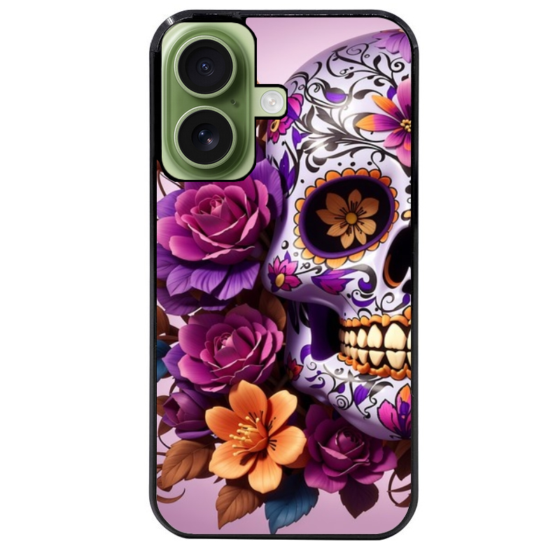 Coque noire taperso pour Iphone 17 17E AIR MAX PRO avec motif tete de mort calavera violette protection antichoc personnalisée