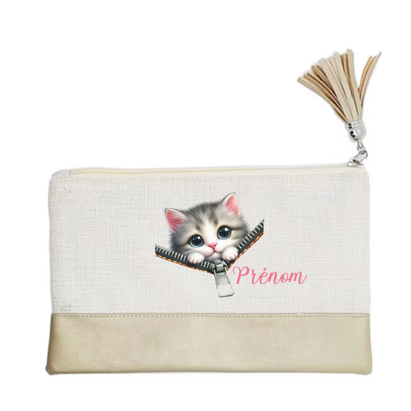 Pochette personnalisée motif chat zip en toile et simili cuir personnalisée