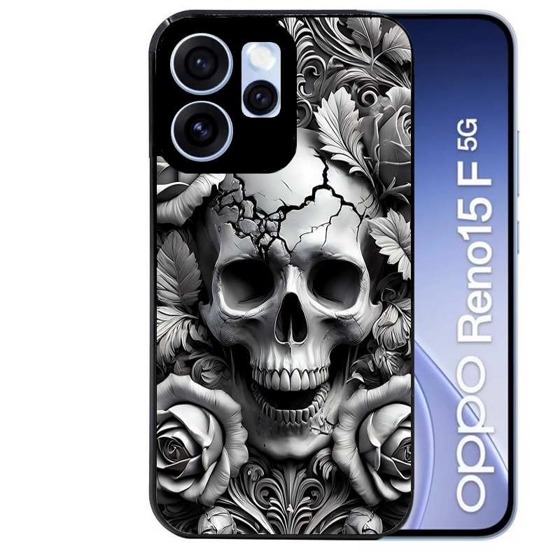 Coque noire taperso pour OPPO Reno 15 et F FS 5G avec motif tete de mort fleur protection antichoc personnalisée