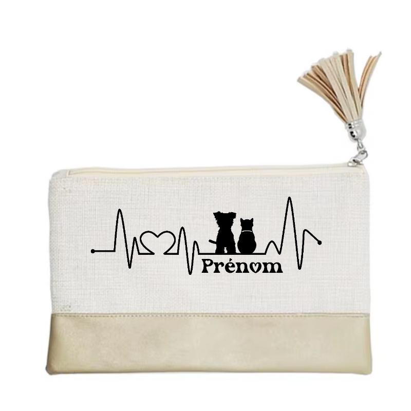 Pochette personnalisée motif chat et chien love en toile et simili cuir personnalisée
