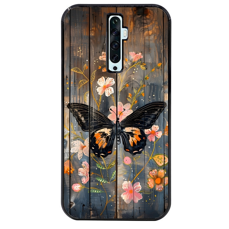 Coque noire taperso pour OPPO Reno 2 et 2Z avec motif bois et papillon 2 protection antichoc personnalisée