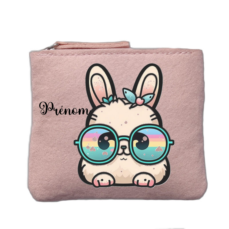Porte monnaie personnalisé motif lapin lunettes rose clair en feutrine en feutrine