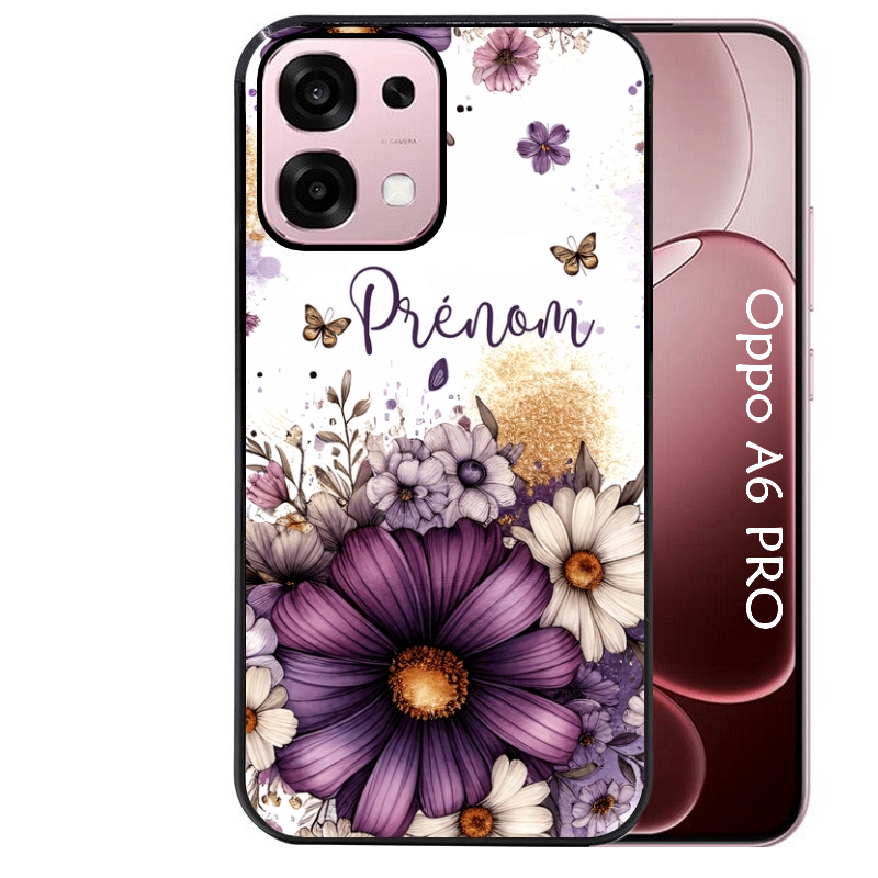 Coque noire taperso pour OPPO A6 PRO 4G et 5G avec motif fleur violette personnalisee protection antichoc personnalisée
