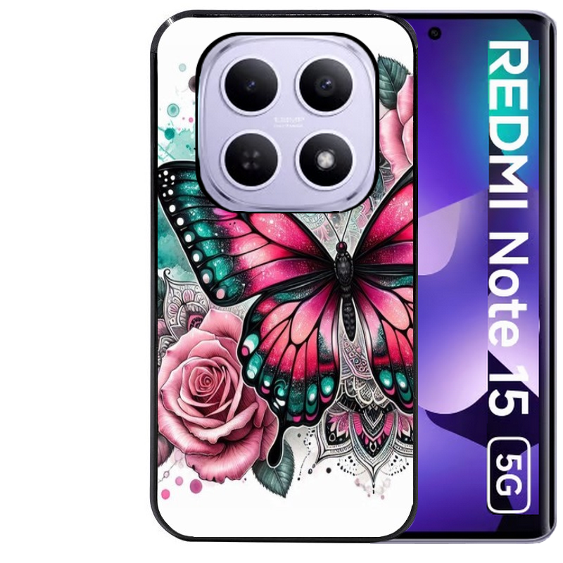 Coque noire taperso pour Redmi Note 15 et PRO PLUS 4G 5G avec motif papillon rose protection antichoc personnalisée