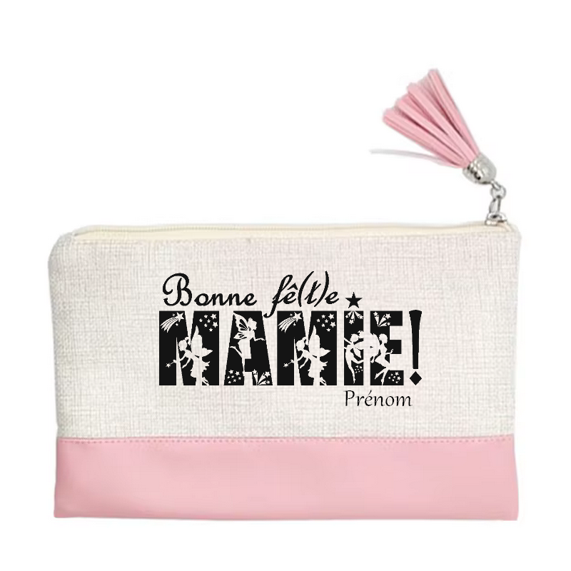Pochette personnalisée motif mamie bonne fete en toile et simili cuir personnalisée