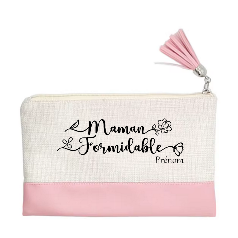 Pochette personnalisée motif maman formidable en toile et simili cuir personnalisée