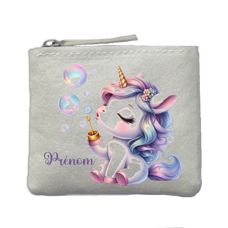 Porte monnaie personnalisé licorne bubble ivoire en feutrine en feutrine ivoire