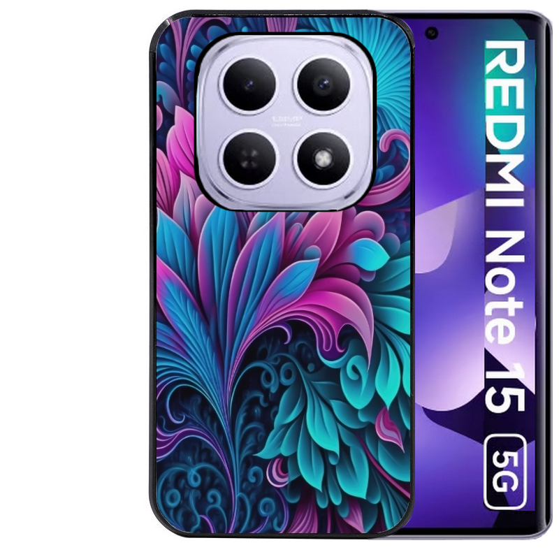 Coque noire taperso pour Redmi Note 15 et PRO PLUS 4G 5G avec motif tropical violet et des fleurs protection antichoc personnalisée