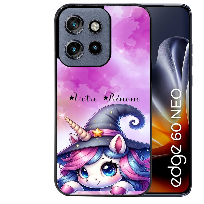 Coque noire taperso pour Moto Edge 60 et Neo Fusion Pro avec motif licorne magic avec prenom protection antichoc personnalisée