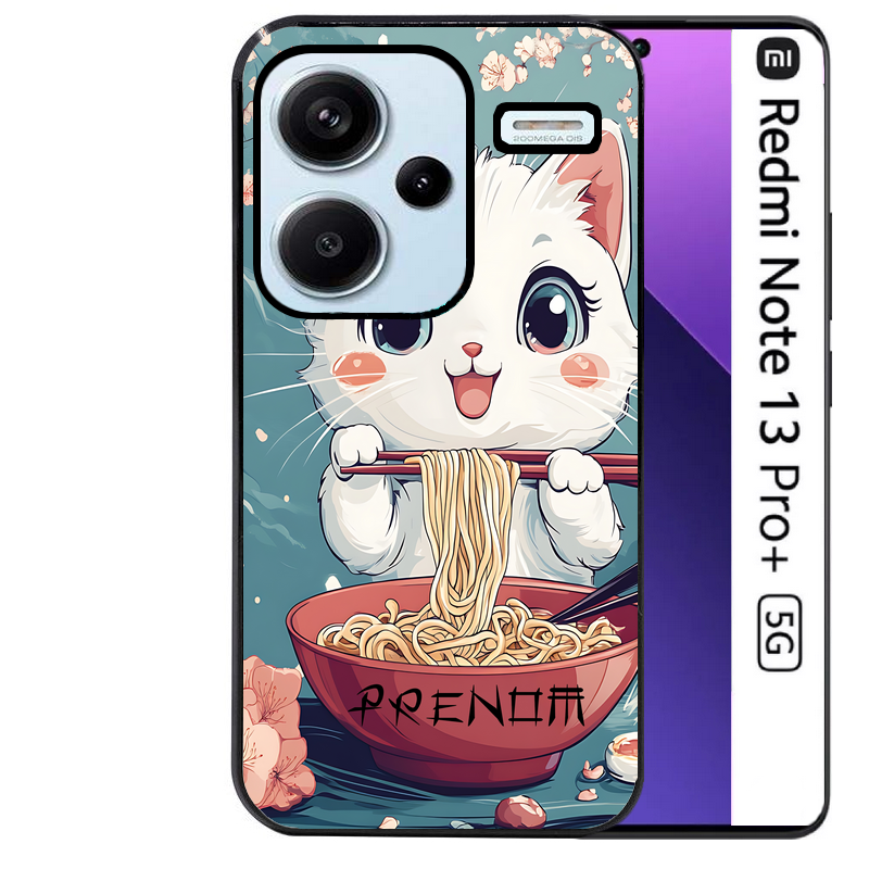Coque noire taperso pour Redmi Note 13 PRO PLUS 5G avec motif chat ramen cerisier protection antichoc personnalisée