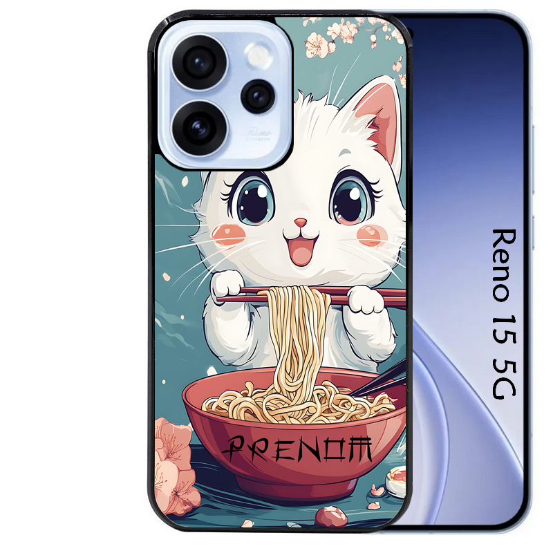 Coque noire taperso pour OPPO Reno 15 et F FS 5G avec motif chat ramen cerisier protection antichoc personnalisée