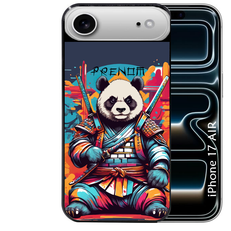 Coque noire taperso pour Iphone 17 17E AIR MAX PRO avec motif panda katana personnalisee protection antichoc personnalisée