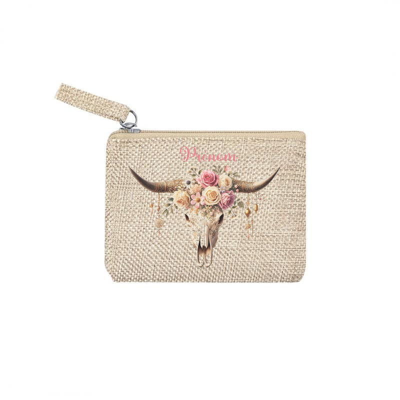 Pochette personnalisée motif skull bull fleur en toile et simili cuir personnalisée