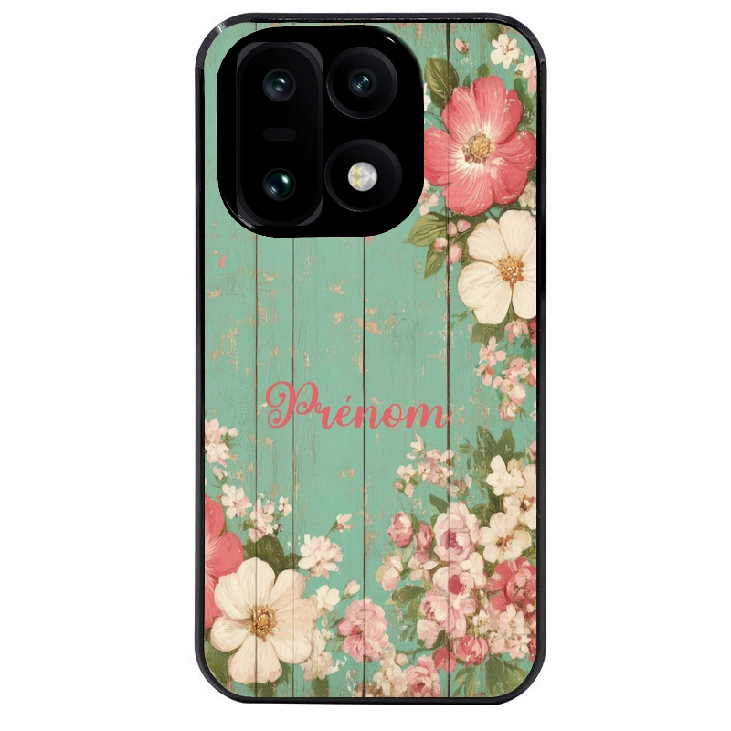 Coque noire taperso pour OnePlus 15 avec motif bois et fleur avec votre prenom protection antichoc personnalisée
