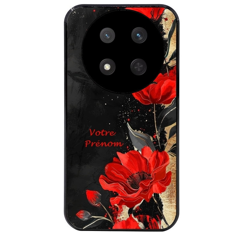 Coque noire taperso pour Magic 7 LITE et PRO avec motif fleur rouge avec prenom protection antichoc personnalisée