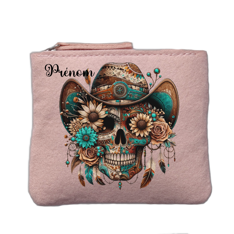 Porte monnaie personnalisé motif tete de mort western rose clair en feutrine en feutrine